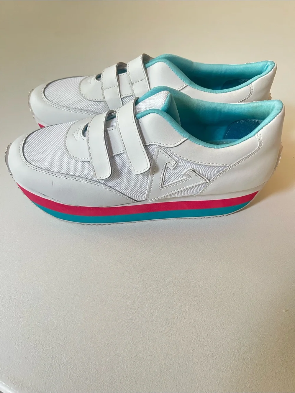 Y2K Volatile White Platform Sneaker with Pink and Teal Stripes